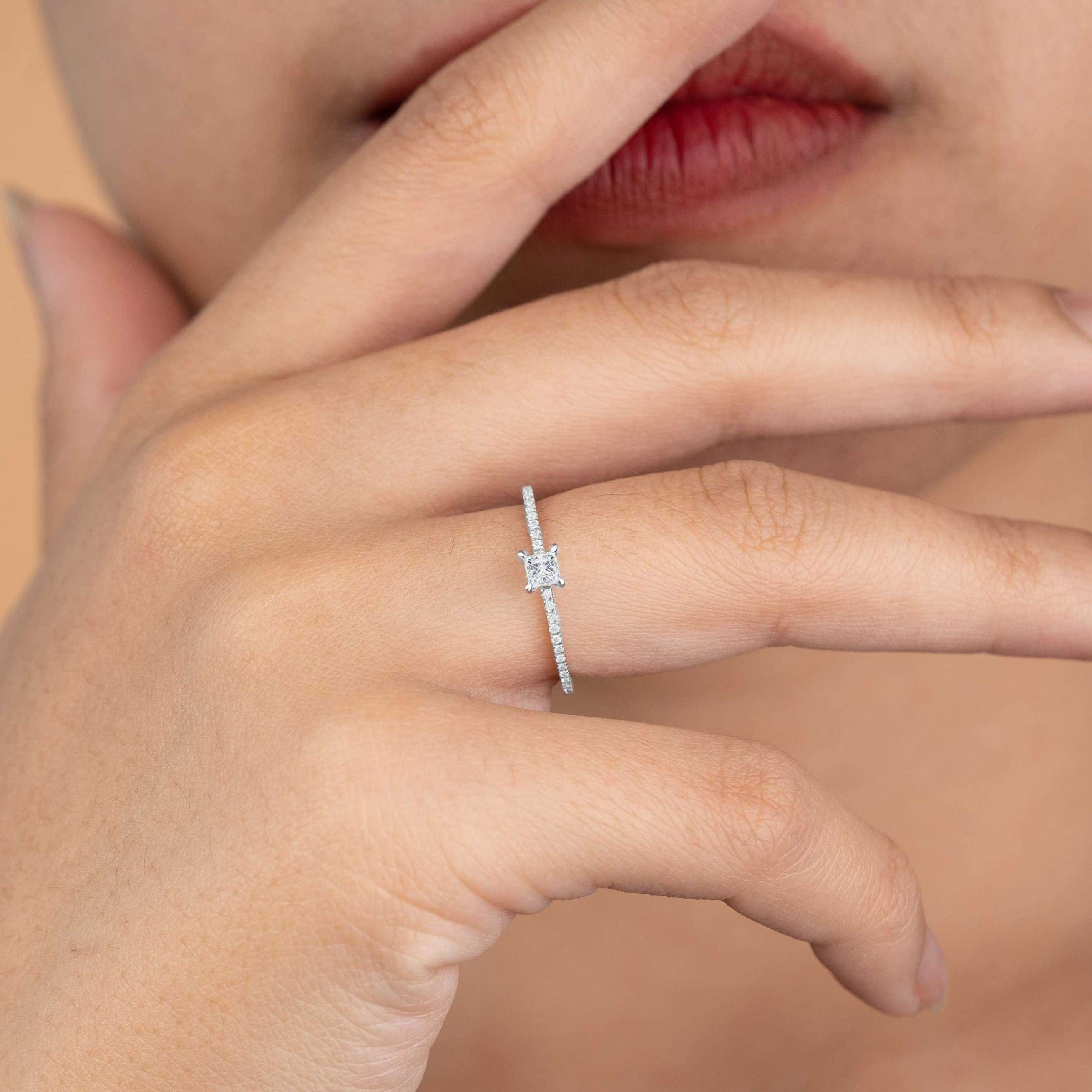 JeenMata .50 Carat Princess Cut Real Diamond 4 Prong Wedding Ring in 10k White Gold