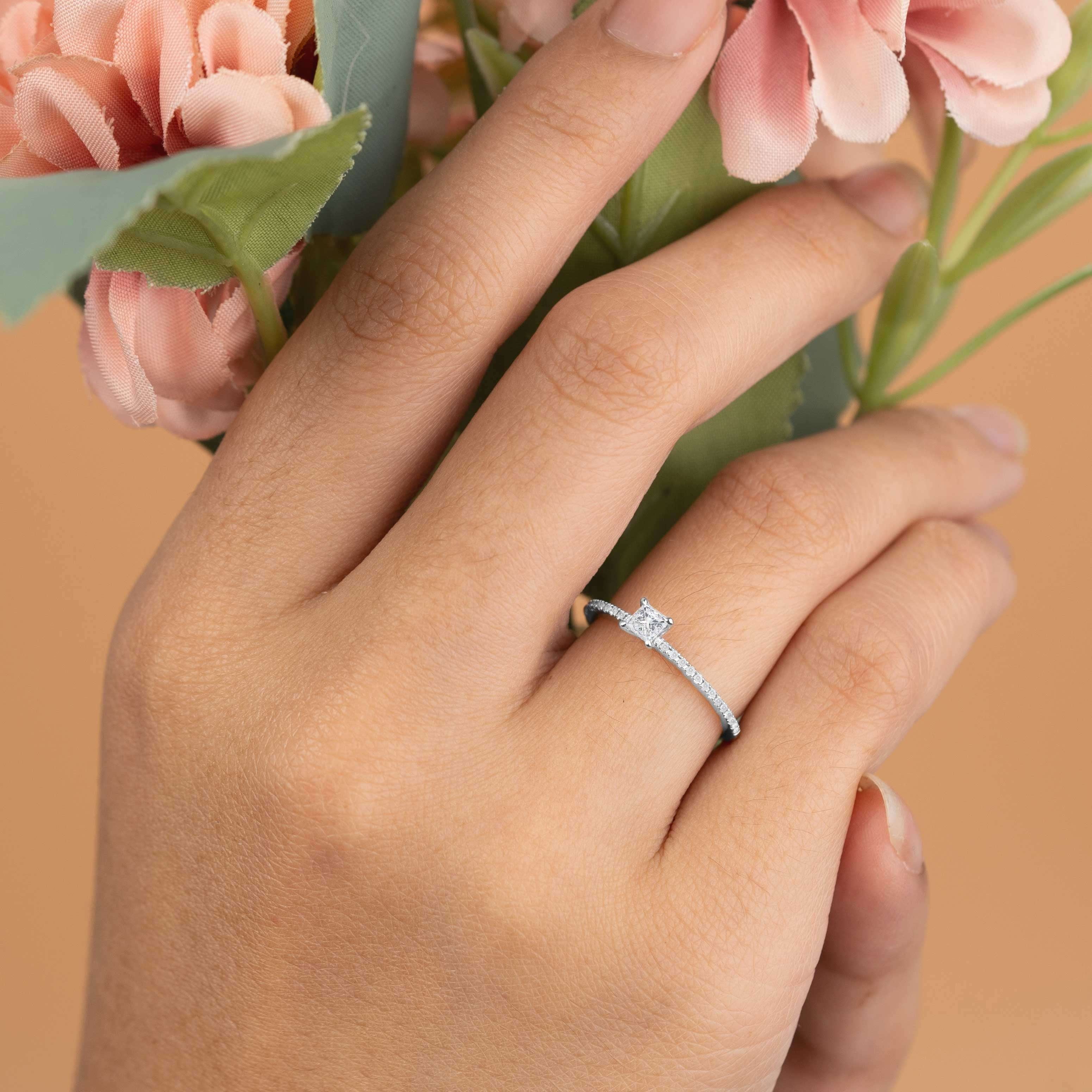 JeenMata .50 Carat Princess Cut Real Diamond 4 Prong Wedding Ring in 10k White Gold