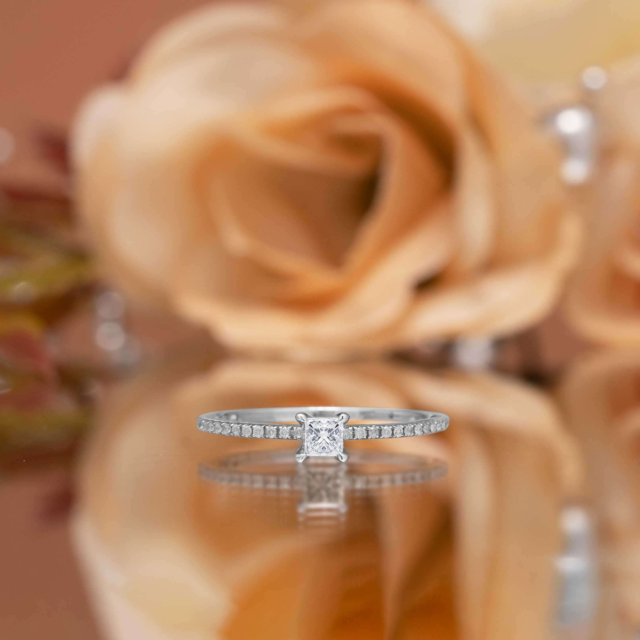 JeenMata .50 Carat Princess Cut Real Diamond 4 Prong Wedding Ring in 10k White Gold