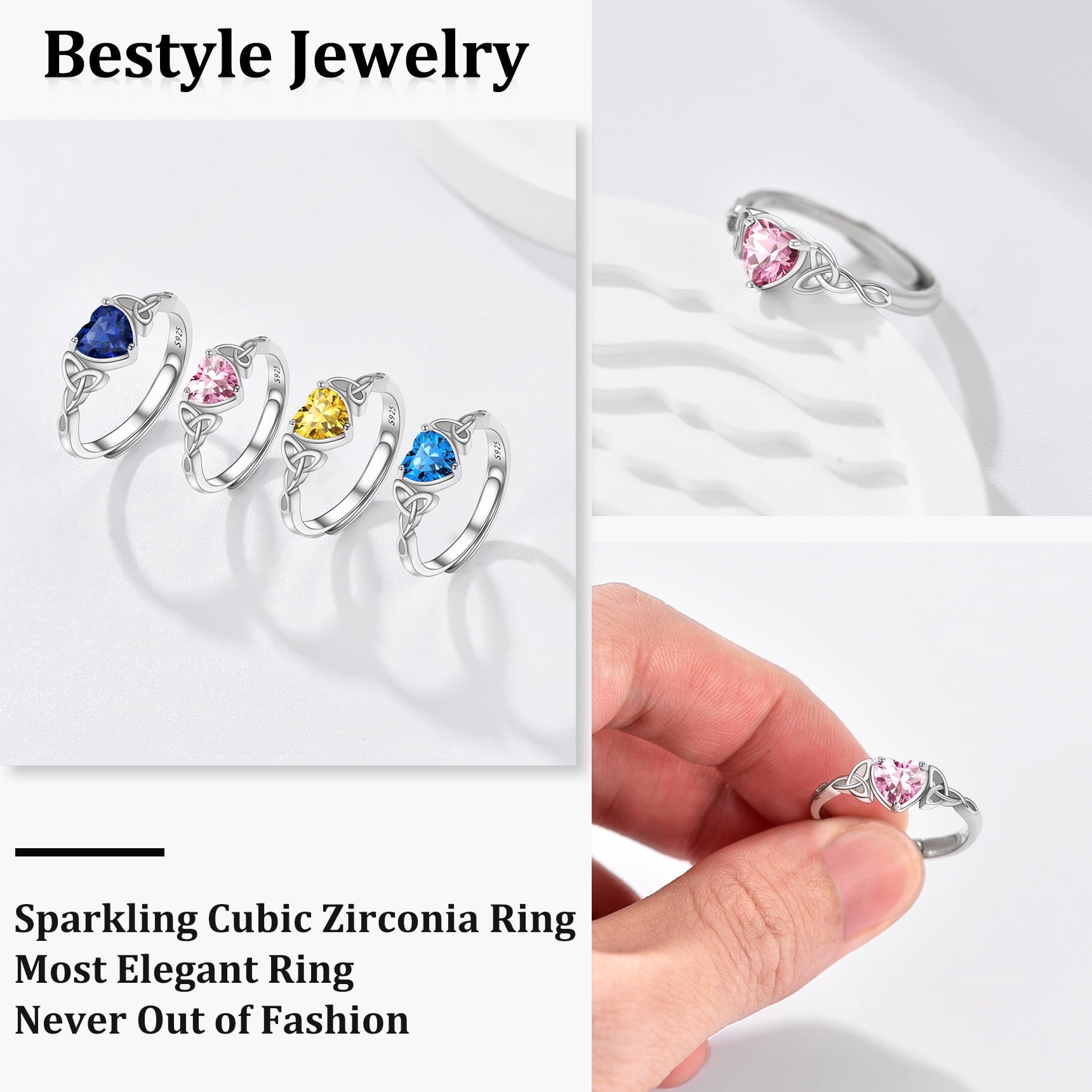 Bestyle Infinity Love Celtic Knot Rings Women Sterling Silver Heart Rings October Pink Tourmaline Gemstone Rings for Her Mom Daughter