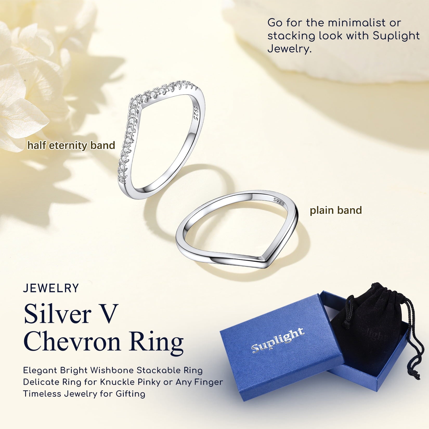 Suplight 925 Sterling Silver Wishbone Ring Dainty V Shaped Wedding Band Engagement Promise Ring for Women