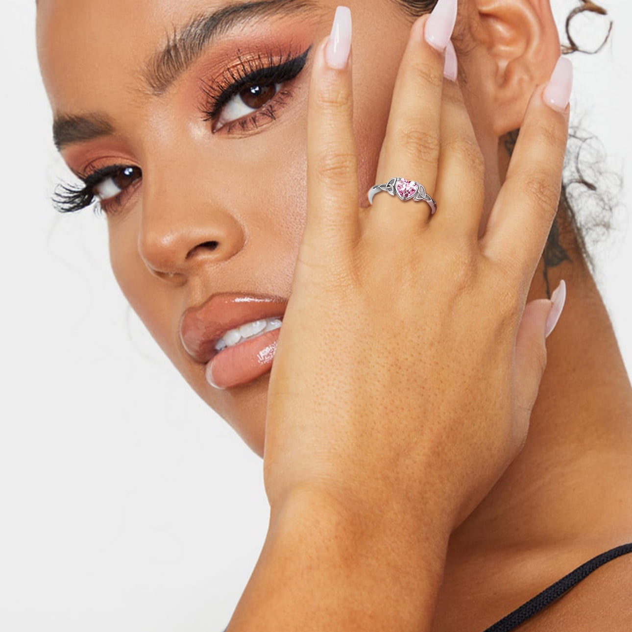 Bestyle Infinity Love Celtic Knot Rings Women Sterling Silver Heart Rings October Pink Tourmaline Gemstone Rings for Her Mom Daughter