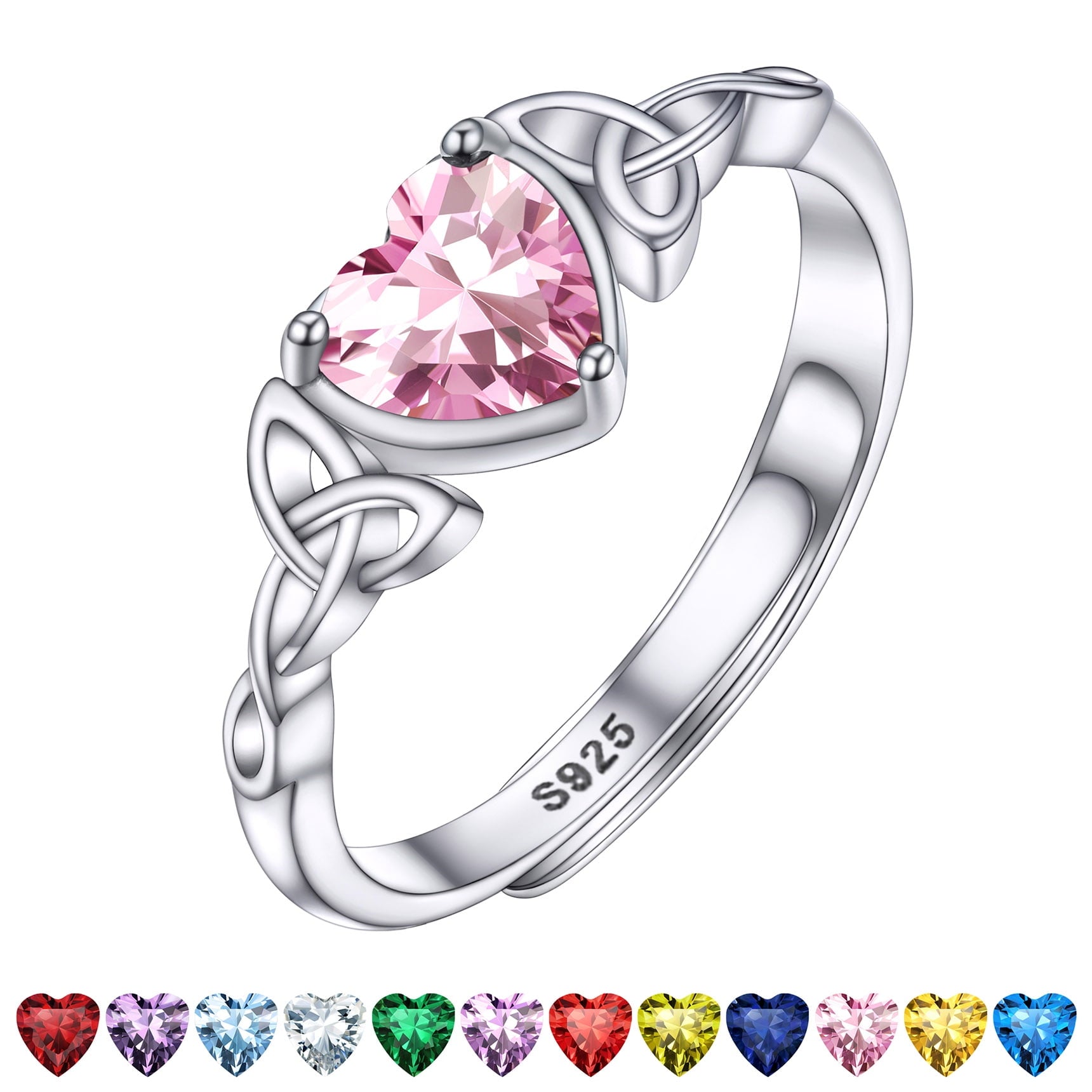Bestyle Infinity Love Celtic Knot Rings Women Sterling Silver Heart Rings October Pink Tourmaline Gemstone Rings for Her Mom Daughter