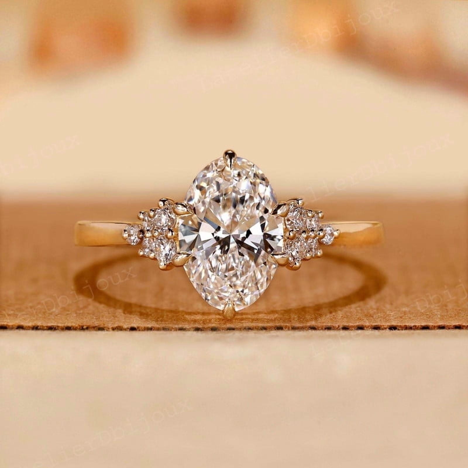 LATELIERDBIJOUX Oval Cut Lab Grown Diamond Ring, Side Stone Engagement Ring, Solid Gold Wedding Ring for Women,