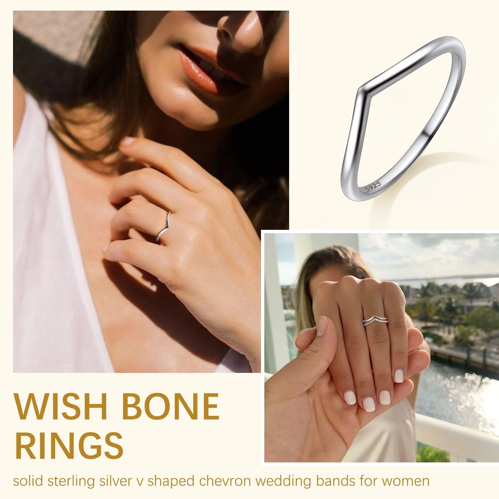 Suplight 925 Sterling Silver Wishbone Ring Dainty V Shaped Wedding Band Engagement Promise Ring for Women